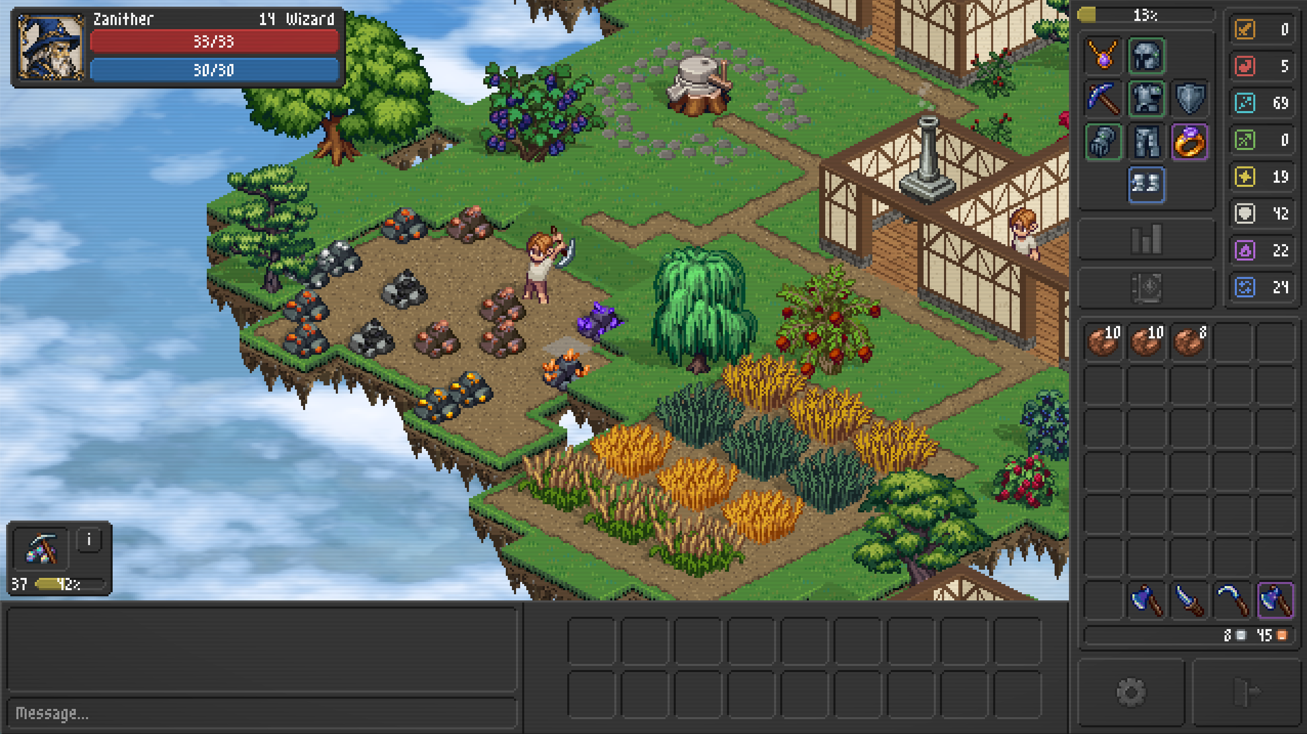 A player mining ore at the edge of a floating island, beside timber-framed houses, crop fields, and fruit trees, with the inventory and equipment panels open