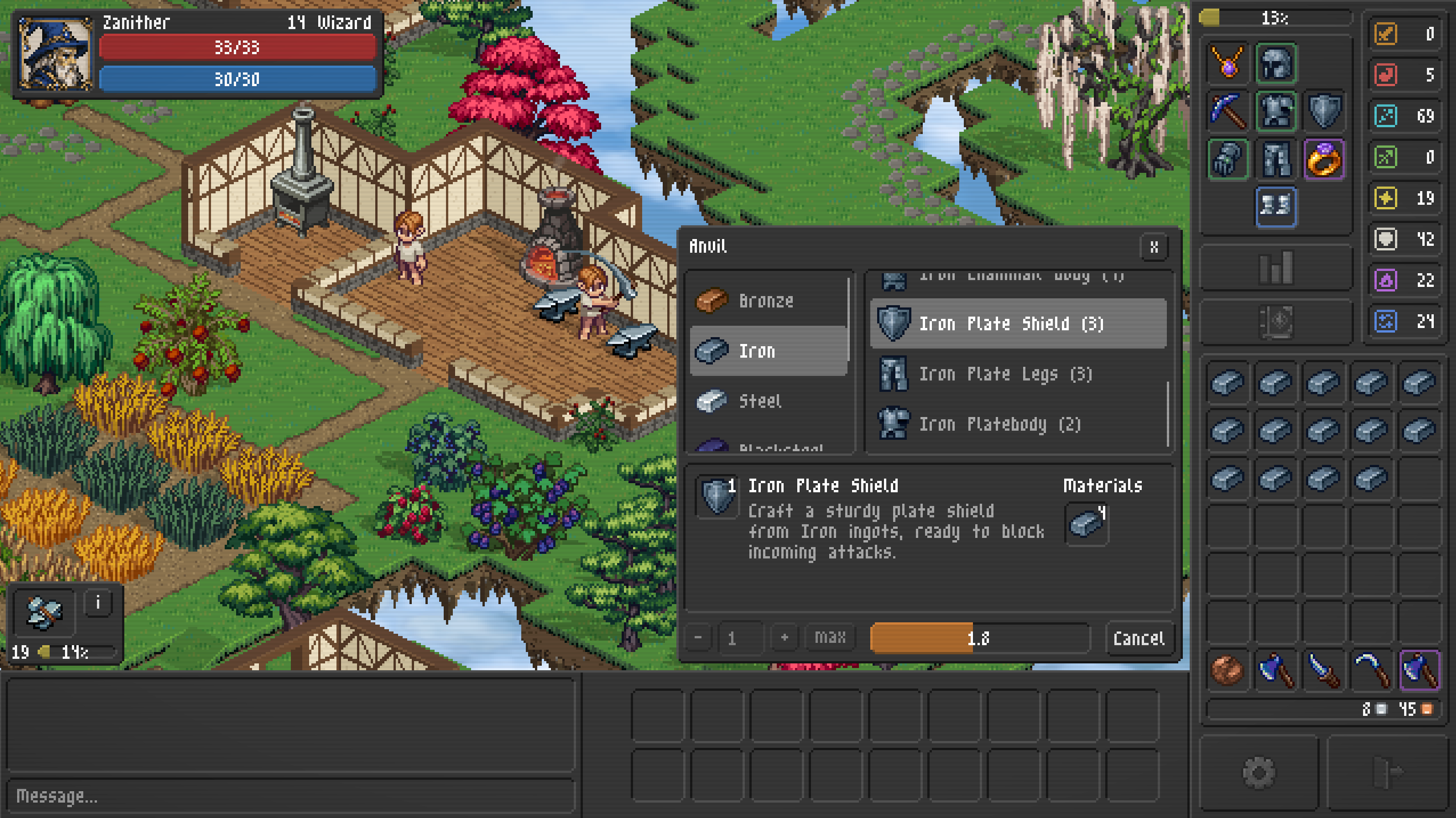 A player hammering at an anvil in a timber-framed smithy, with the anvil menu open on an Iron Plate Shield and a stack of iron ingots in the inventory