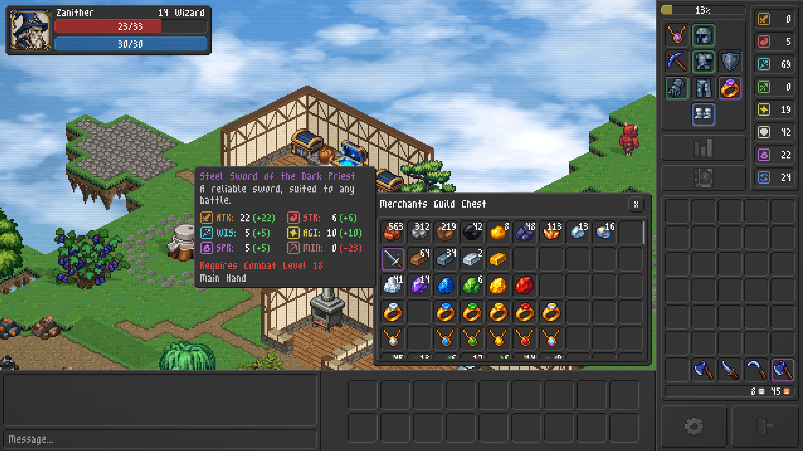 The Merchants Guild chest open beside a timber-framed house, full of ore, ingots, gems, rings, and necklaces, with a tooltip showing the stats of the Steel Sword of the Dark Priest
